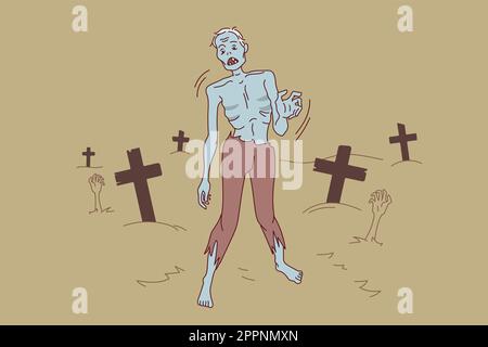 Zombie marchant sur le cimetière la nuit Illustration de Vecteur