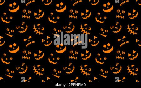 motif visage effrayant. arrière-plan de halloween. Motif sans couture avec dessins animés visages fantômes effrayants sur fond noir. Illustration de Vecteur