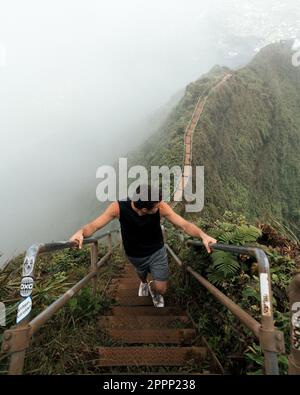 Homme randonnée Stairway to Heaven (Haiku Stairs) sur Oahu, Hawaï. Photo de haute qualité. Vue sur les escaliers. Banque D'Images