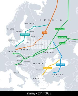 Pipelines de gaz naturel de la Russie à l'Europe, carte politique Illustration de Vecteur