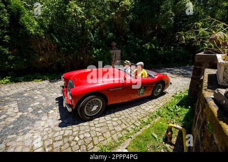 La voiture rétro de transylvanie fait un rallye au château de Peles en Roumanie Banque D'Images