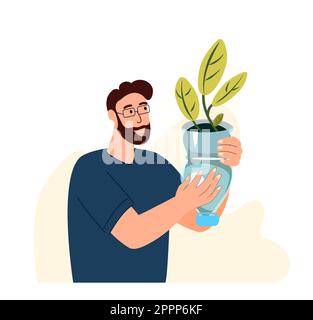 Jardinier adulte homme Upcycling bouteilles en plastique créé pot pour la plantation.Cutting utilisé jarre pour planter des semis, plantes, fleurs, jardinage.recyclage,reutil Banque D'Images