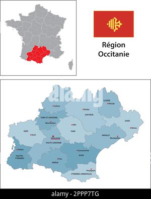 Carte vectorielle administrative avec drapeau de la région française d'Occitania Illustration de Vecteur