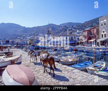 Vue sur le port, Hydra Town, Hydra, les îles Saroniques, Attica, Grèce Banque D'Images