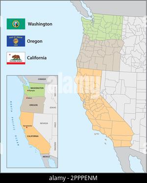 Carte administrative avec drapeaux des États américains de la côte ouest Illustration de Vecteur
