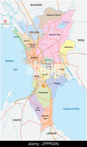 Carte administrative, politique et routière de la région métropolitaine de Manille, Philippines Illustration de Vecteur