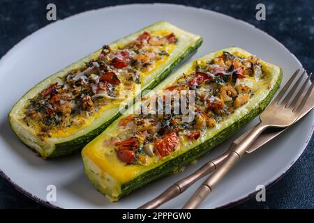 Courgettes farcies de crevettes, de légumes et de fromage. Bateaux de courgettes cuites au four, gros plan Banque D'Images