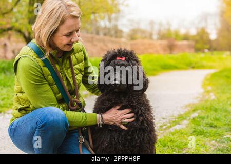 Portrait de Cão de água português avec sa maîtresse dans le parc. Femme adulte marchant le chien. Concept de loisirs et de vie saine dans la nature Banque D'Images