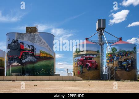 Silos à grains décorés à Colbinabbin - partie de la piste d'art de silo, Victoria, Australie Banque D'Images