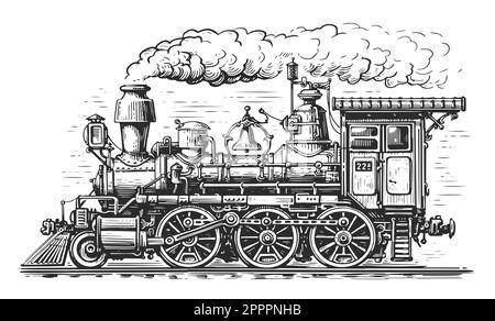 Train rétro dans le style de la gravure vintage. Locomotive à vapeur tirée à la main. Illustration du schéma de transport ferroviaire Banque D'Images