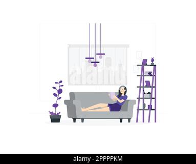Une fille se détendant à la maison lisant le livre seul Illustration de Vecteur