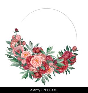 Couronne, cadre floral, fleurs aquarelles, pivoines et feuilles, Illustration peinte à la main. Isolé sur fond blanc. Idéal pour les cartes de vœux des Banque D'Images