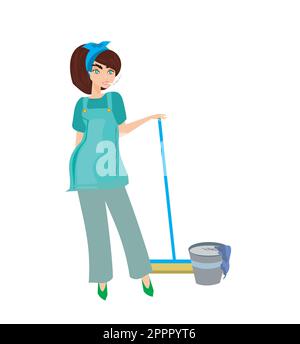 Personnage de femme de ménage avec un balai, illustration vectorielle, isolé sur fond blanc Illustration de Vecteur