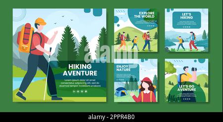 Maquette de poteau de médias sociaux de randonnée Mountain dessin animé d'arrière-plan Illustration de Vecteur