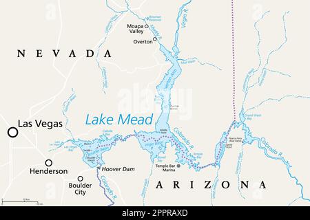 Carte du lac Mead, le plus grand réservoir des États-Unis, formé par le barrage Hoover Illustration de Vecteur