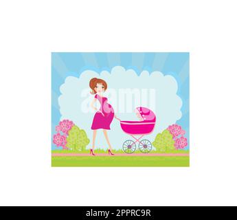 Belle femme enceinte poussant une poussette Illustration de Vecteur