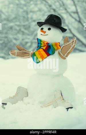 Bonhomme de neige mignon en chapeau et foulard sur le terrain enneigé. Bonhommes de neige amusants. Salutation bonhomme de neige. Les hommes de neige. Bonhomme de neige en chapeau d'hiver. Charmant bonhomme de neige dans un village enneigé Banque D'Images