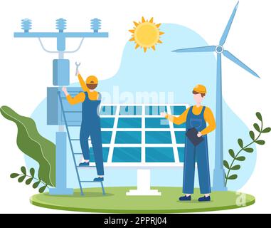 Installation de l'énergie solaire, entretien du panneau ou de la turbine éolienne avec l'équipe de service à domicile pour l'exploitation du réseau électrique dans l'illustration du dessin animé Illustration de Vecteur