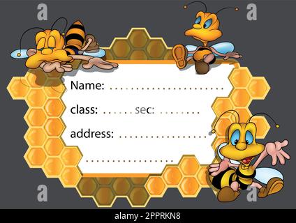 Étiquette d'école avec des abeilles mignonnes sur un nid d'abeille Illustration de Vecteur