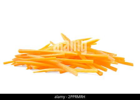 Pile de délicieux bâtonnets de carottes isolés sur du blanc Banque D'Images