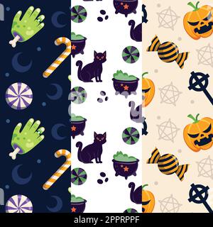 Ensemble de trois motifs avec chat et autres éléments d'halloween Illustration de Vecteur