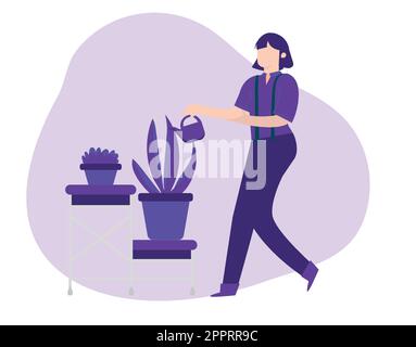 Personnage féminin arrosoir fleurs en utilisant la boîte Illustration de Vecteur