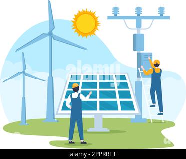 Installation de l'énergie solaire, entretien du panneau ou de la turbine éolienne avec l'équipe de service à domicile pour l'exploitation du réseau électrique dans l'illustration du dessin animé Illustration de Vecteur