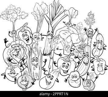 page de coloriage de groupe de caractères de légumes de dessin animé Illustration de Vecteur