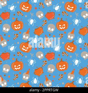 Jolie citrouille d'halloween avec motif sans couture en toile d'araignée et crâne Illustration de Vecteur