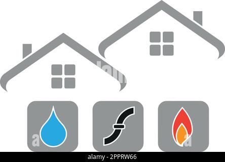 Deux maisons et feu, tuyaux, eau, plombier et logo de plombier Illustration de Vecteur