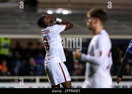 Bergame, Italie, 24 avril 2023. Tammy Abraham (9 Roma) réagit au cours de la série Un match entre Atalanta et Roma au stade Gewiss de 24 avril 2023 à Bergame, en Italie. Crédit: Stefano Nicoli/Speed Media/Alay Live News Banque D'Images
