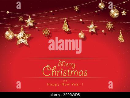 Carte de Noël rouge avec ornements suspendus dorés Illustration de Vecteur