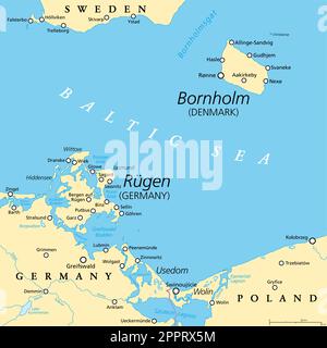 Carte politique de l'île danoise de Bornholm et de l'île allemande de Ruegen Illustration de Vecteur