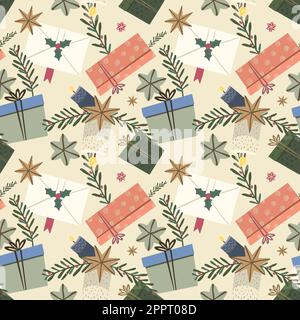 Motif de Noël sans couture avec cadeaux et enveloppes Illustration de Vecteur