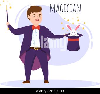 Le magicien illusionniste conjous des tricks et agite un baguette magique au-dessus de son chapeau mystérieux sur une scène de modèle dessin main dessin dessin dessin dessin dessin dessin dessin dessin dessin dessin dessin dessin dessin de dessin à plat Illustration Illustration de Vecteur