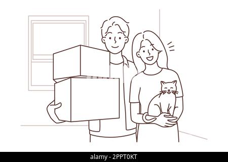 Couple heureux avec chat le jour de déménagement Illustration de Vecteur