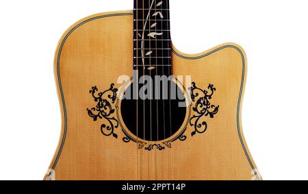 Incrustation et trou sonore de guitare , incrustation de fleur sur le tableau d'empreintes autour du trou sonore, avec chemin d'écrêtage, isolé sur fond blanc Banque D'Images