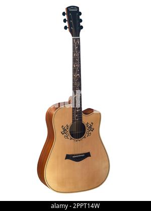 Guitare acoustique, fleur Inlay sur le fingerboard autour du trou sonore, avec un chemin d'écrêtage, isolé sur fond blanc Banque D'Images