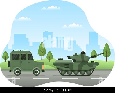 Modèle de la Force militaire dessin à la main dessin mignon dessin à plat de dessin animé avec un soldat, une arme, un char ou un équipement lourd de protection Illustration de Vecteur