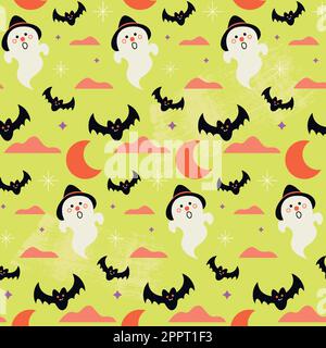 Motif sans couture festif Halloween avec un adorable fantôme et des chauves-souris Illustration de Vecteur