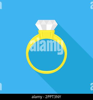 Bague jaune or avec diamant isolé sur fond bleu. Illustration de Vecteur