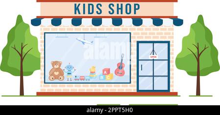 Modèle de bâtiment de magasin pour enfants dessin main dessin dessin dessin animé dessin animé dessin animé Illustration de style plat avec équipement pour enfants tel que les vêtements ou jouets pour le shopping concept Illustration de Vecteur