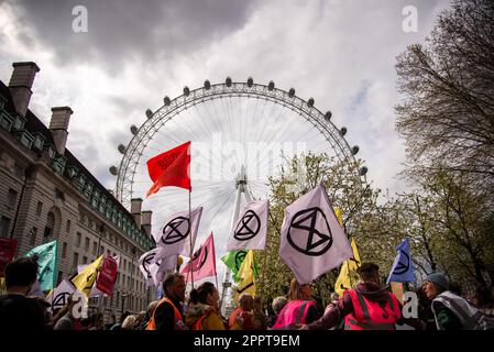 Londres, Royaume-Uni. 24th avril 2023. Les manifestants portent des drapeaux de la rébellion lors de la manifestation pour mettre fin aux combustibles fossiles. Le Big One est une action de quatre jours à partir du 21-24 avril 2023 avec une invitation à tout le monde de s'unir pour survivre, où des gens de tous les groupes et mouvements, et pas seulement XR, se rassembleront dans tout Westminster et au Parlement.plus de 200 organisations soutiennent - dont Greenpeace, Les amis de la Terre et PCS Union pour n'en nommer que quelques-uns. (Photo de Loredana Sangiuliano/SOPA Images/Sipa USA) crédit: SIPA USA/Alay Live News Banque D'Images