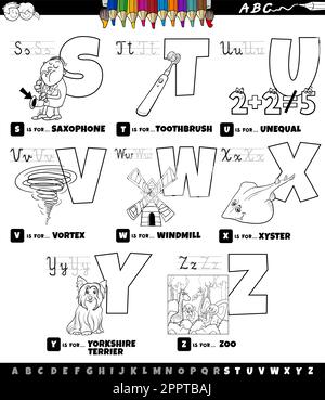 Alphabet de dessin animé éducatif ensemble de S à Z page de livre de couleur Illustration de Vecteur