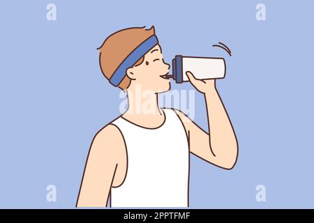 Un homme assoiffé boit l'eau de la bouteille Illustration de Vecteur