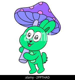 dessin animé mignon lapin portant des champignons, doodle icône image kawaii Illustration de Vecteur