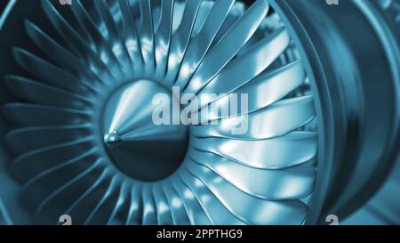 3D moteur à jet de rendu, vue rapprochée des lames du moteur à jet. Gros plan du ventilateur avant du moteur à jet tournant. Banque D'Images