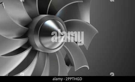 3D moteur à jet de rendu, vue rapprochée des lames du moteur à jet. Gros plan du ventilateur avant du moteur à jet tournant. Banque D'Images