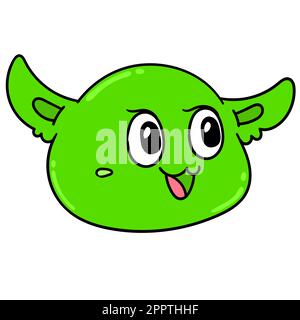 émoticône de tête de monstre vert avec visage souriant heureux, image d'icône de doodle Illustration de Vecteur