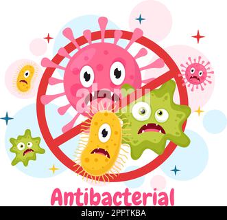 Illustration antibactérienne avec se laver les mains, virus infection et microbes bactérias contrôle dans l'hygiène soins de santé dessin à la main de dessins de dessin à la main Illustration de Vecteur